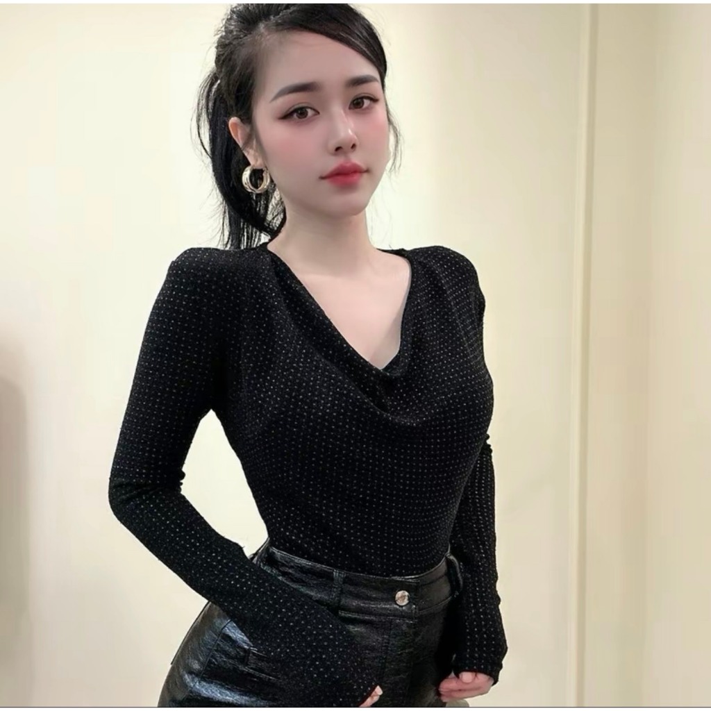 Áo Thun Nữ Bigsize 40-85kg Tay Dài Đính Đá Hottrend - Áo Kiểu Cổ Thuyền Ôm Body Tôn Dáng ESHOP MS009
