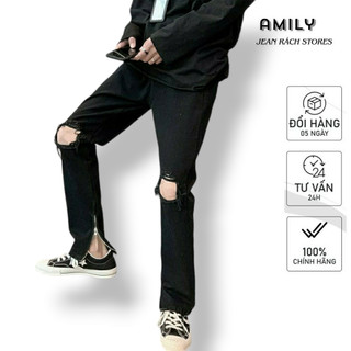 Quần Skinny Jeans Nam AMILY Màu Đen Trơn Vải Co Giãn,Có Zipper,Trơn và Rách Gối thời trang