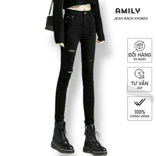 Quần jean nữ đen AMILY phong cách rách lệch 4 đường dáng skinny lưng cao co giãn có BIGSIZE