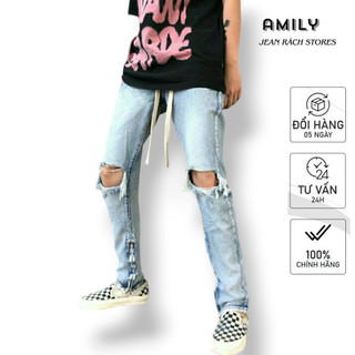 Quần Skinny Jeans xanh AMILY Vải Co Giãn,Có Zipper, bò rách gối to ngang có khóa ống chân