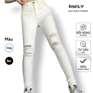 Quần Jean Trắng Nữ AMILY màu đen lưng cao rách gối co giãn dáng skinny có BIGSIZE tới 70kg