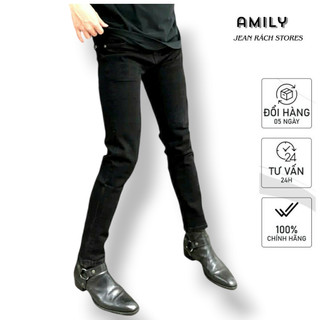 Quần jean nam AMILY Đen trơn , Quần bò vải Denim dày dặn dáng skinny rách gối có BIGSIZE