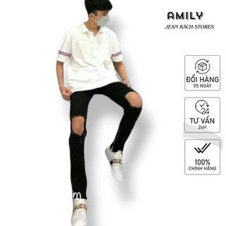 Quần Jean Nam Rách Thủng Gối Khoá Zip Ống Dáng Slimfit mẫu AMILY  có túi