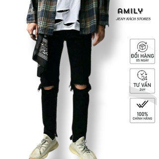 Quần Skinny Jeans Đen AMILY Vải Co Giãn,Có Zipper, bò rách gối to ngang có khóa ống chân