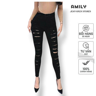 Quần jean nữ rách AMILY chất bò màu đen lưng cao co giãn dáng skiny cao cấp ( CÓ BIGSIZE)