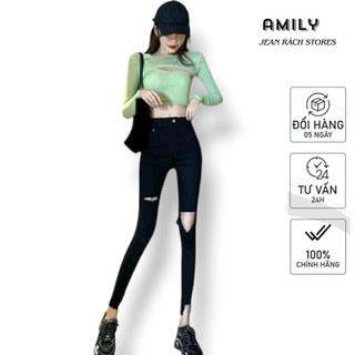 Quần Jean Đen Nữ AMILY Lưng Cao skinny rách xẻ đùi co giãn ( có BIGSIZE) phá cách thời trang