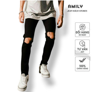 Quần Skinny Jean Nam-AMILY-Màu Đen-Rách Gối To-Chất Cotton Co Giãn-Ống Đứng Dáng-Ống Ôm Chân Skinny