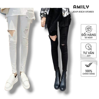 Quần jean AMILY Nữ skinny trắng và đen rách gối kiểu Đặc Biệt co giãn thời trang Hàn Quốc lưng cao