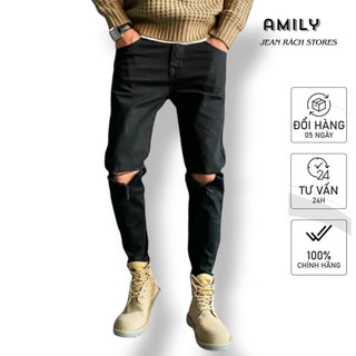 Quần Skinny Jeans Nam AMILY  Màu Đen Rách Gối xẻ phong cách, có dáng slimfit ôm côn vừa tầm