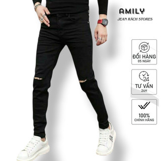 Quần jean nam rách gối  AMILY màu đen trơn vải Denim co giãn, form slimfit ôm côn có BIGSiZE