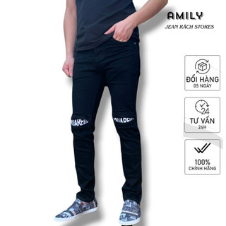 Quần jean nam đen AMILY rách gối lót vá chữ Ống Côn Ôm Dáng Skinny Chất Bò CO GIÃN Kiểu Mới Nhất Nhà