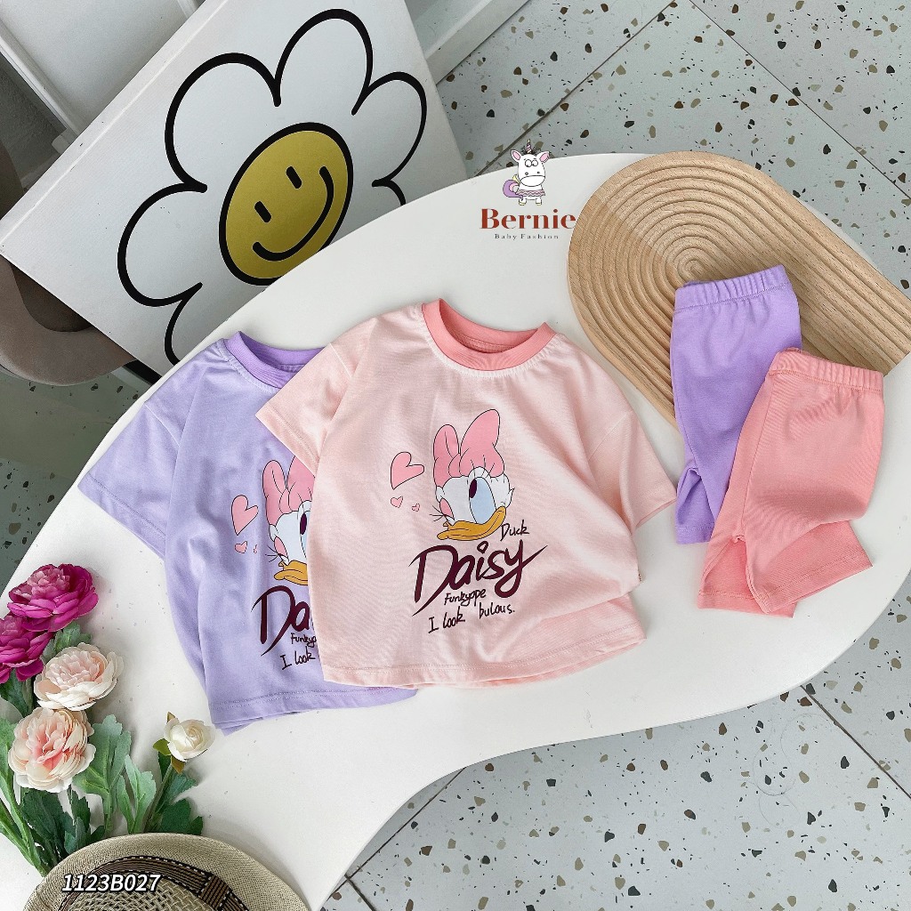 Bộ cotton mềm mát cộc tay bé gái, bộ thun cổ trong in hoạ tiết xinh xắn dễ thương bé gái