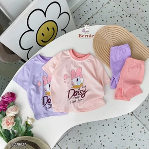 Bộ cotton mềm mát cộc tay bé gái, bộ thun cổ trong in hoạ tiết xinh xắn dễ thương bé gái