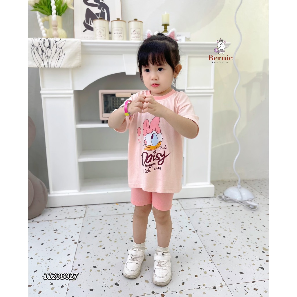 Bộ cotton mềm mát cộc tay bé gái, bộ thun cổ trong in hoạ tiết xinh xắn dễ thương bé gái
