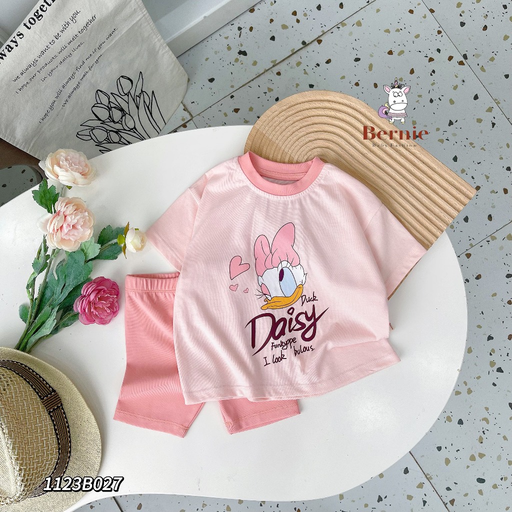 Bộ cotton mềm mát cộc tay bé gái, bộ thun cổ trong in hoạ tiết xinh xắn dễ thương bé gái