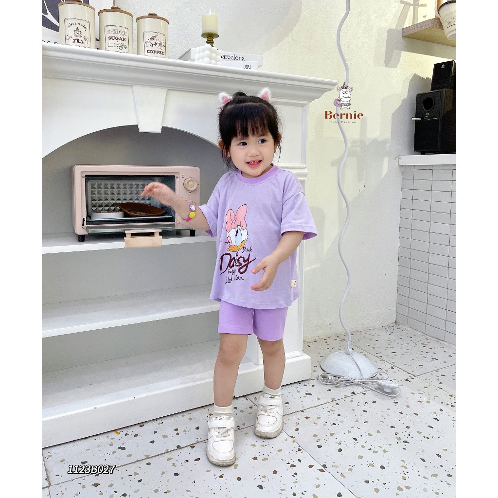 Bộ cotton mềm mát cộc tay bé gái, bộ thun cổ trong in hoạ tiết xinh xắn dễ thương bé gái
