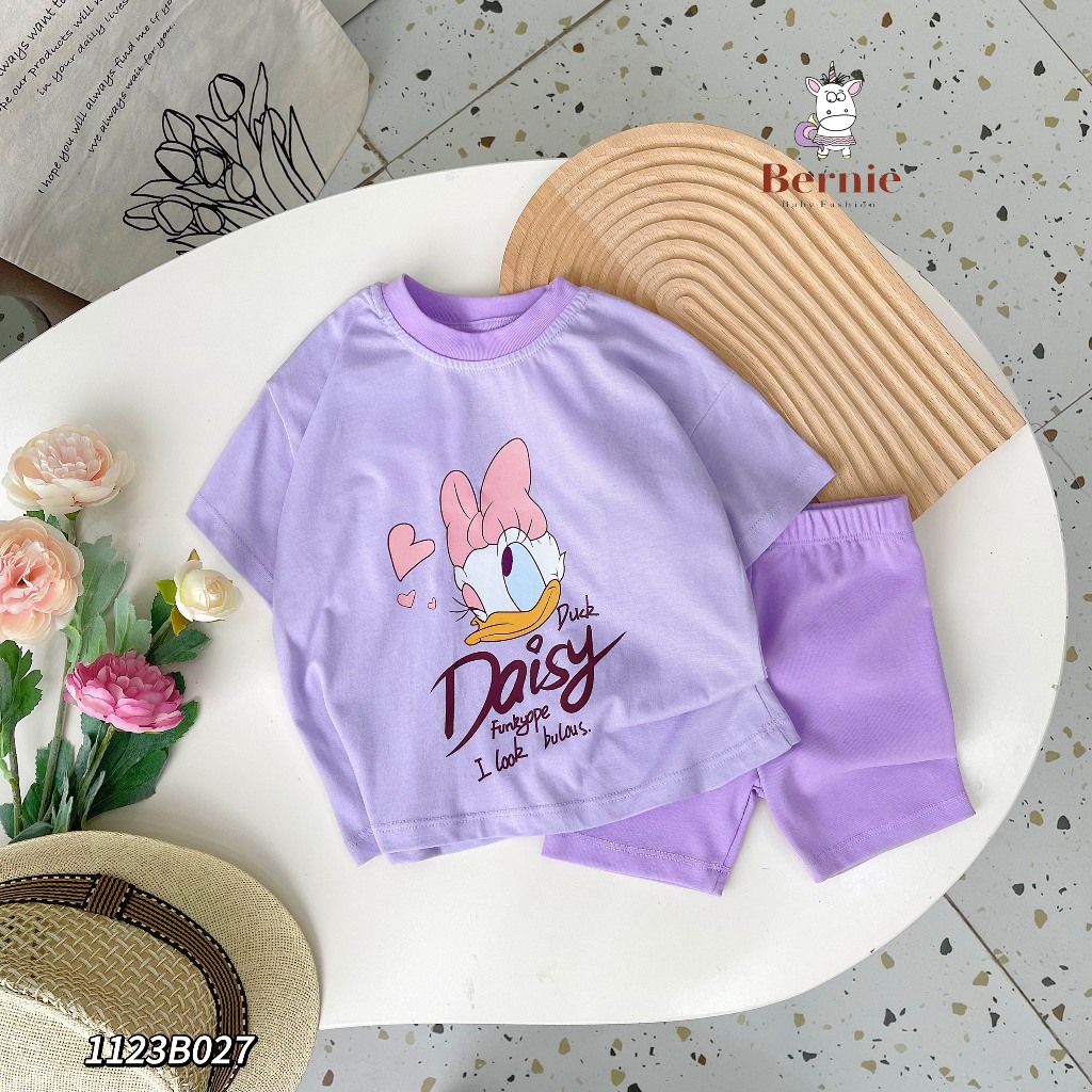 Bộ cotton mềm mát cộc tay bé gái, bộ thun cổ trong in hoạ tiết xinh xắn dễ thương bé gái