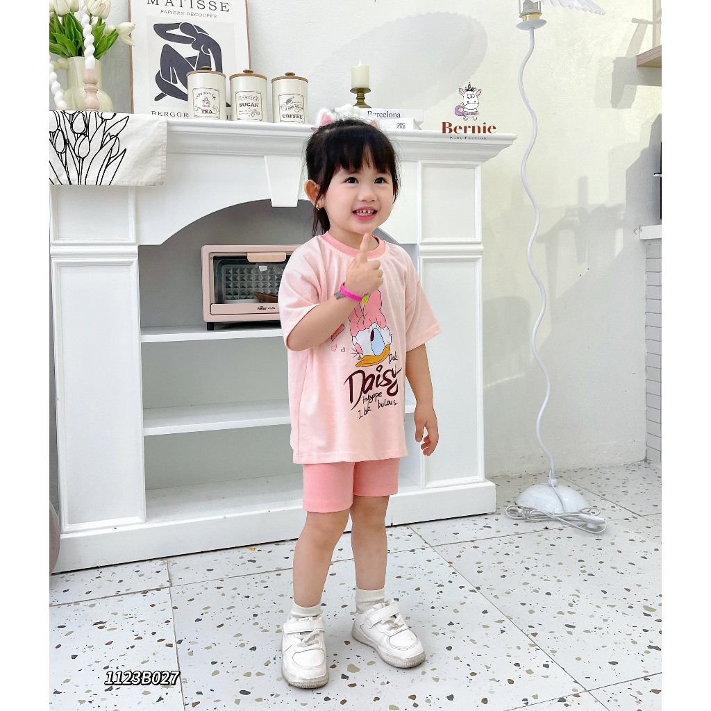 Bộ cotton mềm mát cộc tay bé gái, bộ thun cổ trong in hoạ tiết xinh xắn dễ thương bé gái