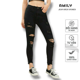 Quần Jean Nữ AMILY Lưng Cao Skinny Tôn Dáng rách nhiều chất bò co giãn có BIGSIZE tới 72kg