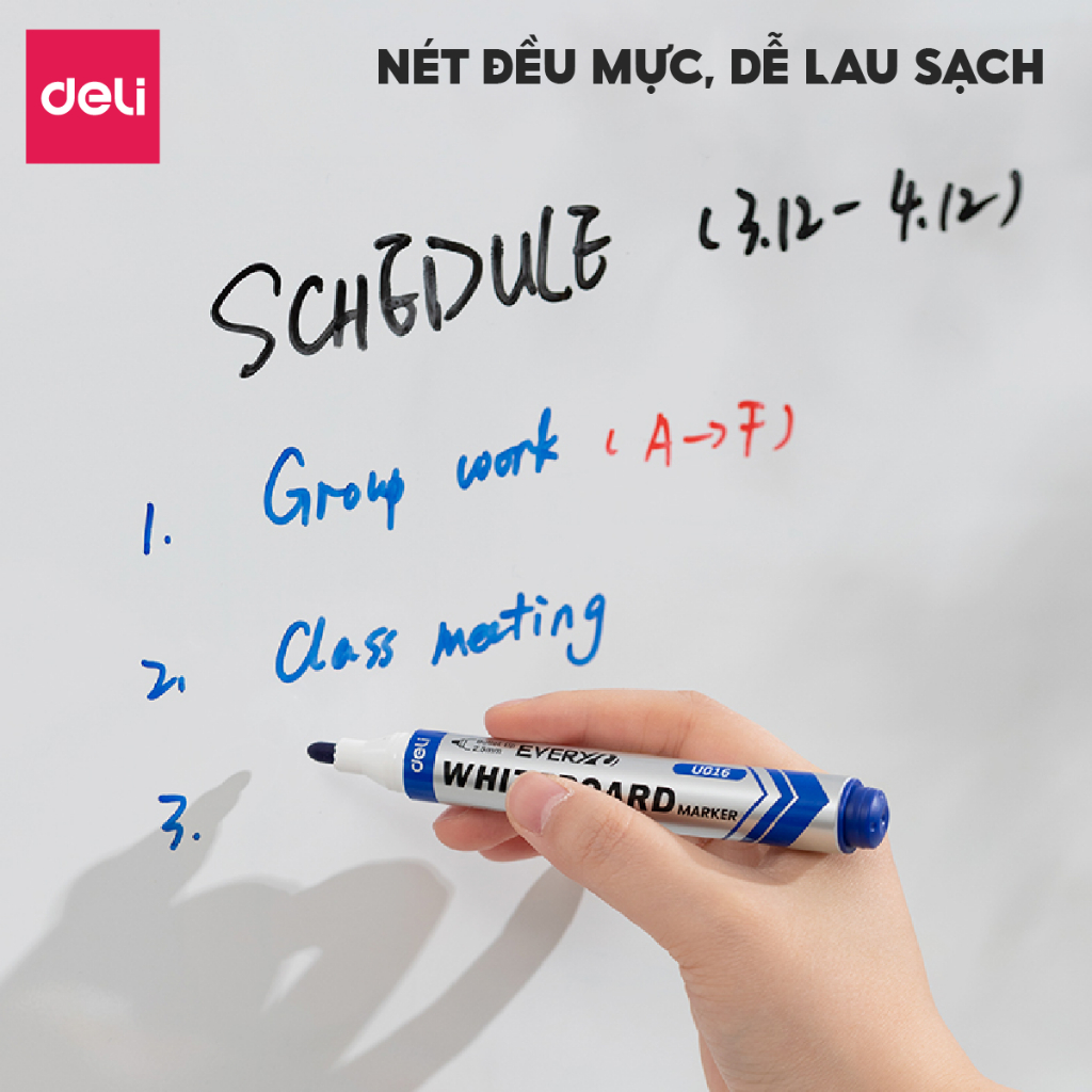 Bút Lông Viết Bảng Trắng Nhiều Màu Chính Hãng Deli, Ngòi 2-2.5mm, Nét Mượt, Dễ Lau, Có Mực Thay Thế - EU016
