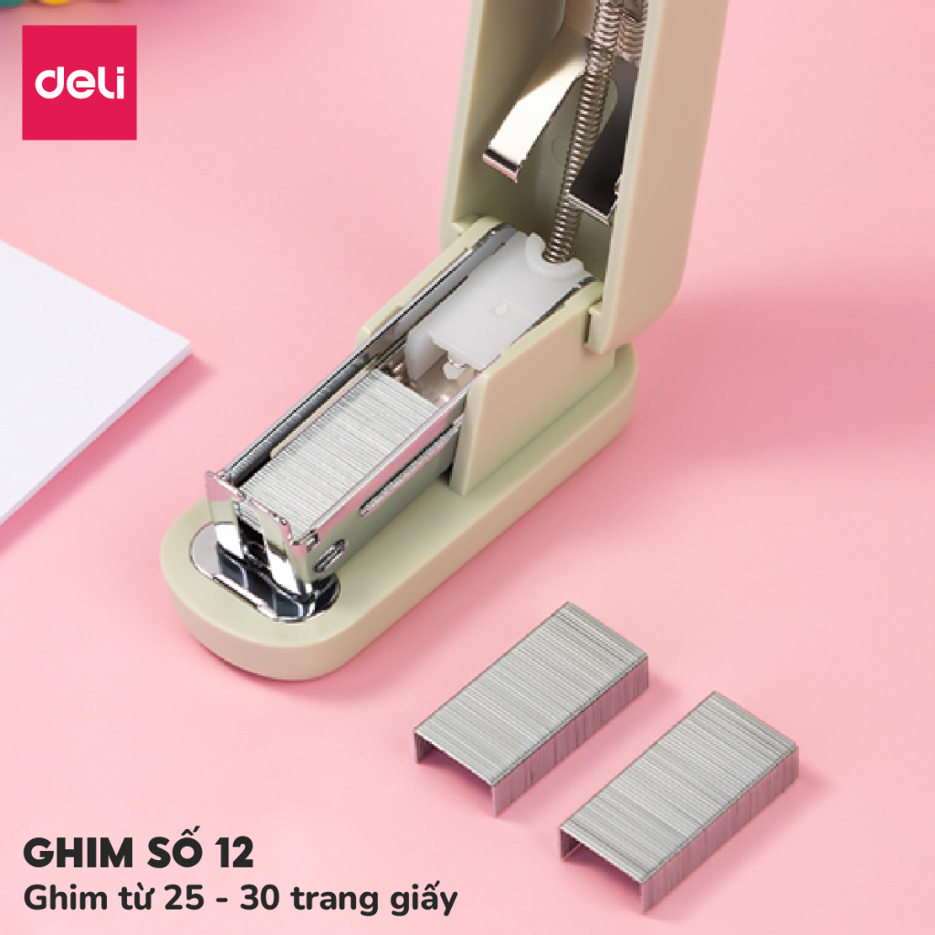 Dập ghim học sinh văn phòng mini Deli 25 trang, Ghim bấm giấy số 12 tặng ghim màu pastel dễ thương, nhỏ gọn, tiện lợi