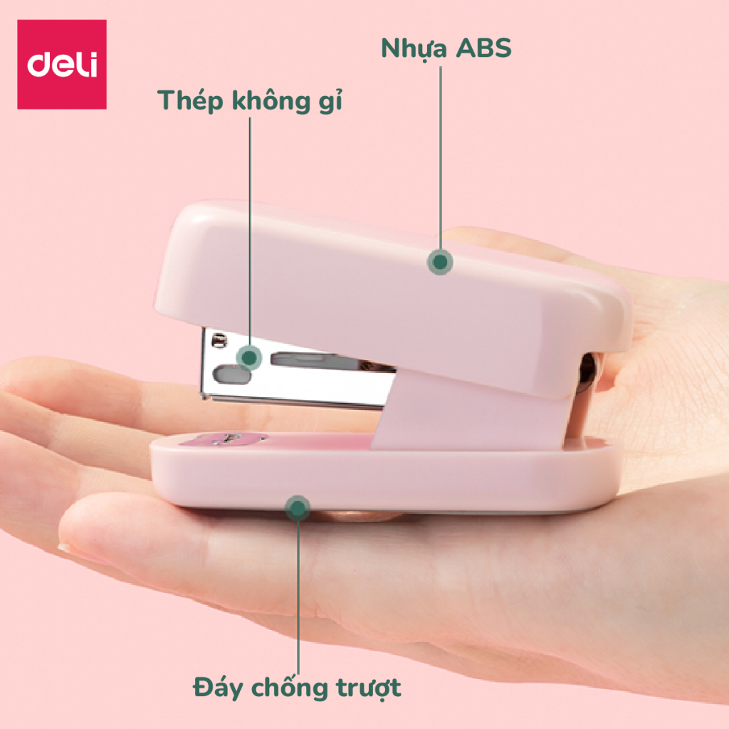 Dập ghim học sinh văn phòng mini Deli 25 trang, Ghim bấm giấy số 12 tặng ghim màu pastel dễ thương, nhỏ gọn, tiện lợi