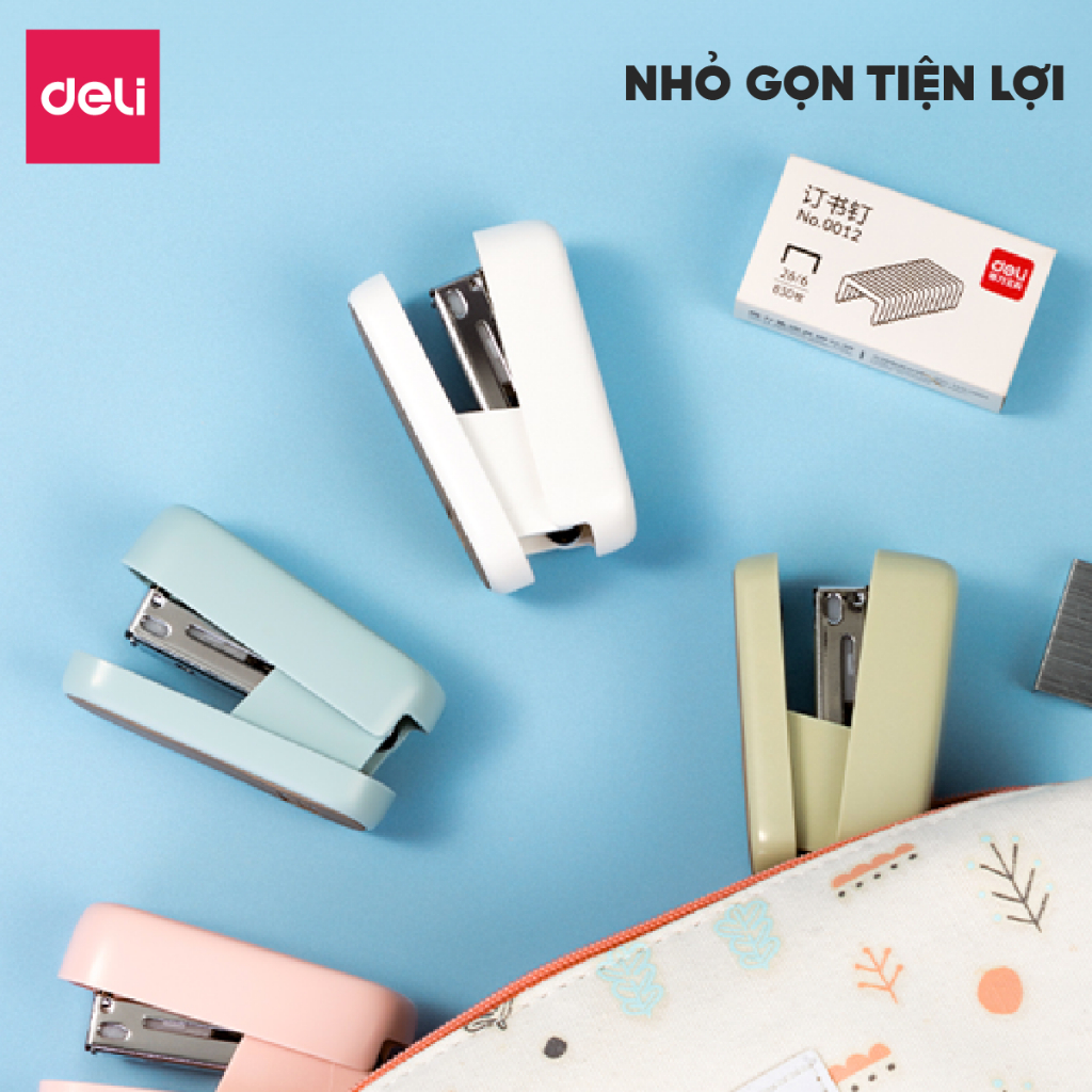 Dập ghim học sinh văn phòng mini Deli 25 trang, Ghim bấm giấy số 12 tặng ghim màu pastel dễ thương, nhỏ gọn, tiện lợi