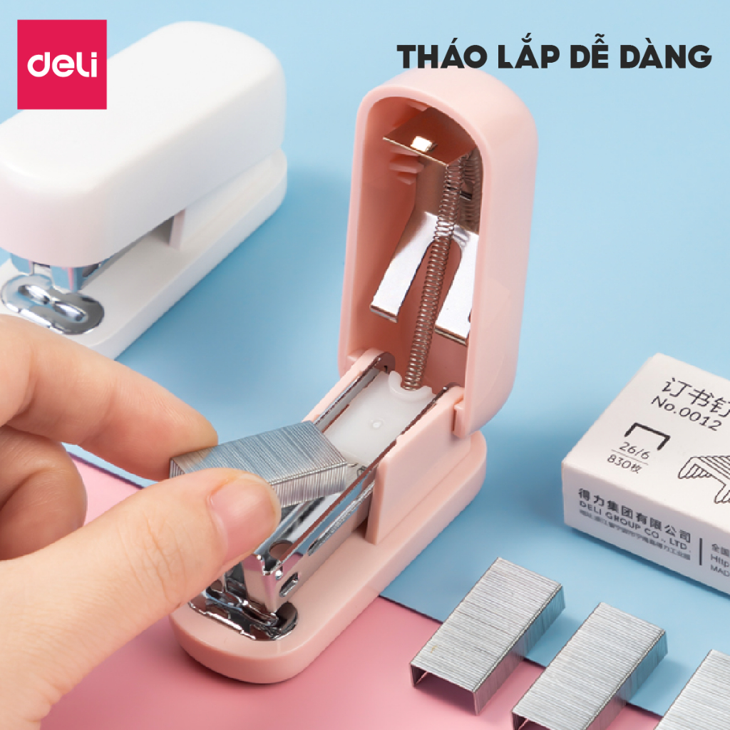 Dập ghim học sinh văn phòng mini Deli 25 trang, Ghim bấm giấy số 12 tặng ghim màu pastel dễ thương, nhỏ gọn, tiện lợi