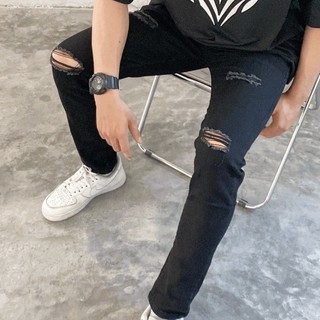 Quần jean nam AMILY màu đen rách gối đùi chất bò vải Denim co giãn, form slimfit có BIGSIZE tới 90kg