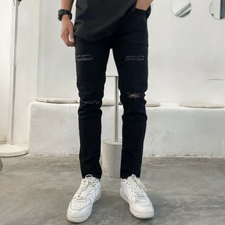 Quần jean nam AMILY màu đen rách gối đùi chất bò vải Denim co giãn, form slimfit có BIGSIZE tới 90kg