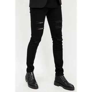 Quần jean nam AMILY màu đen rách gối đùi chất bò vải Denim co giãn, form slimfit có BIGSIZE tới 90kg