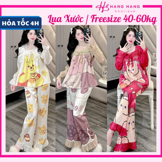 Đồ ngủ nữ 40-60kg, pijama dài tay voan cổ vuông ren lụa xước mềm mát 60DD42, đồ bộ nữ đồ mặc nhà tiểu thư dễ thương