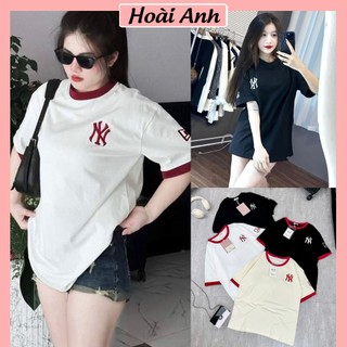 Áo Phông Nữ Thêu Nổi NY Phối Bo Dệt Dáng Rộng Thụng Áo Thun Nữ Ngắn Tay Freesize