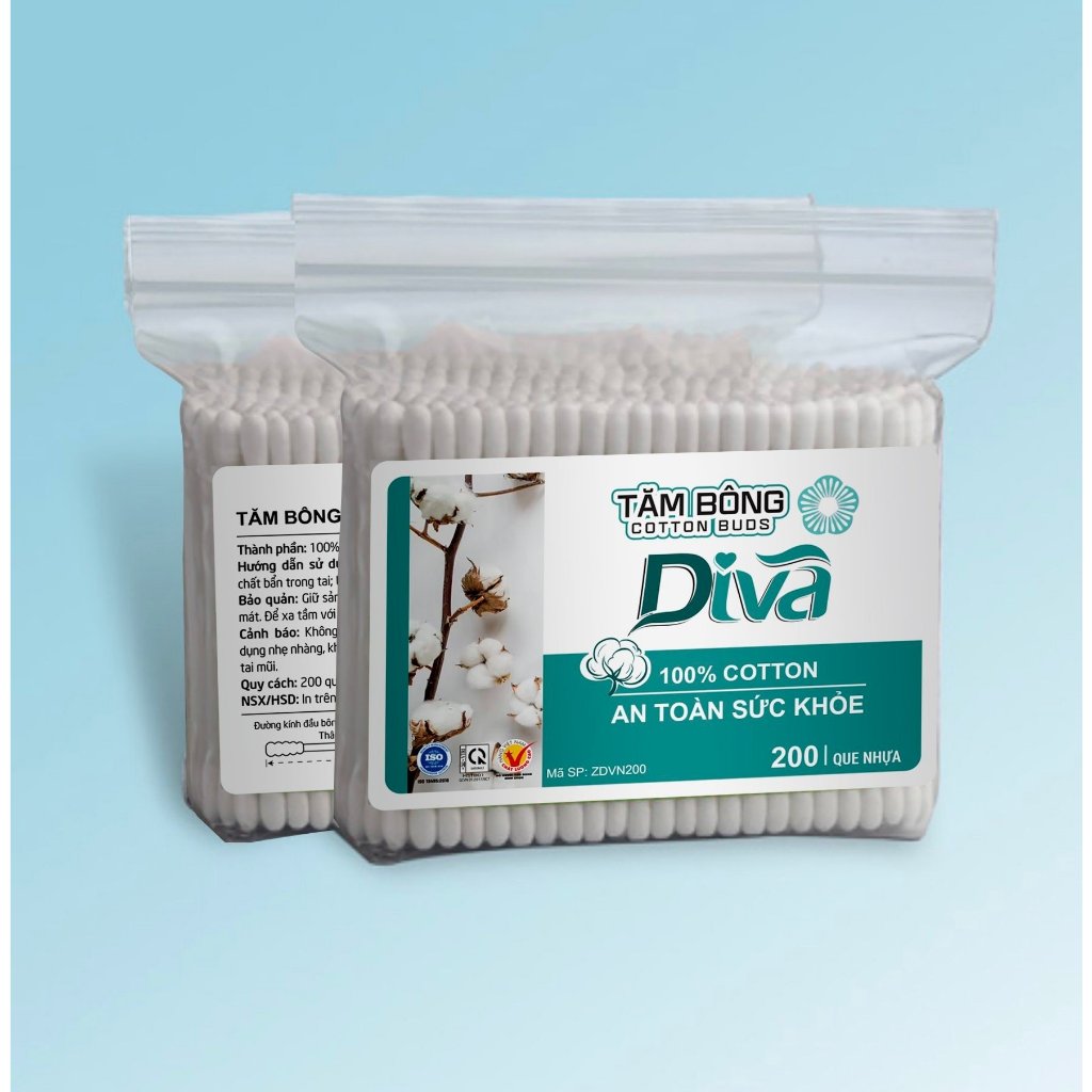 Ảnh Tăm bông ráy tai Diva 100% Bông Tự Nhiên Túi 200 cây 3
