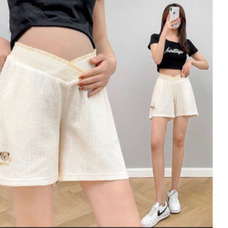 Quần đùi bầu cạp chéo thêu gấu thời trang trẻ trung cho Mẹ Bầu chất tổ ong mềm nhẹ