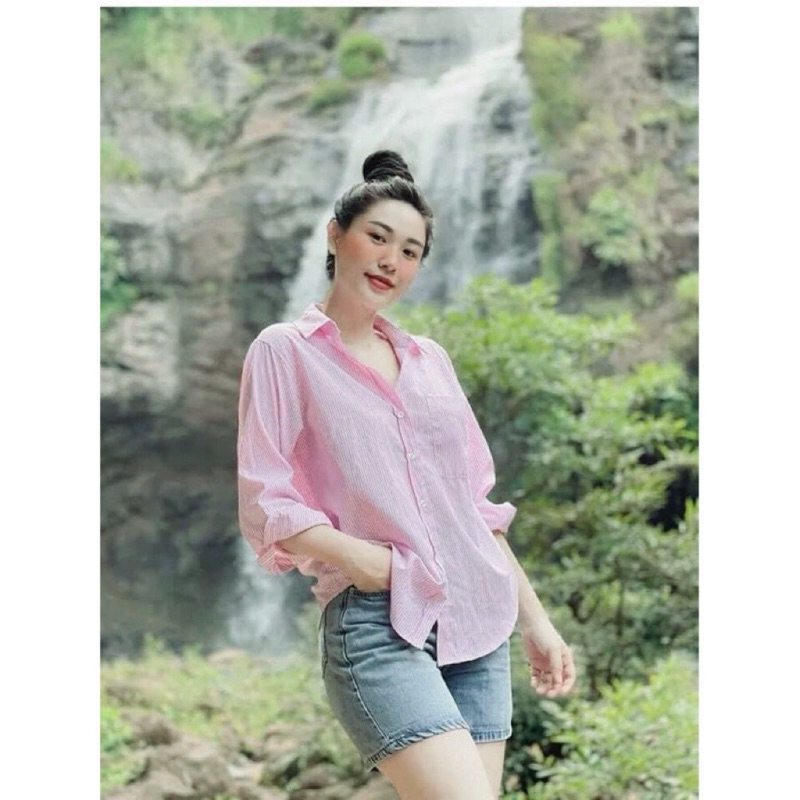 Sơ mi nữ dài tay hồng kẻ túi ngực form rộng chất spandex KÈM ẢNH MẪU