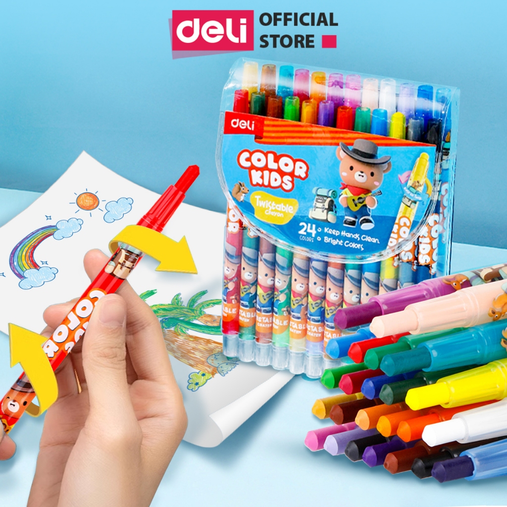 [TRỢ GIÁ] Bút Sáp Vặn Gấu Con Deli 12/24 Màu Sáp Tươi Sáng Lên Màu Chuẩn An Toàn Cho Trẻ Nhỏ Học Sinh Tô Vẽ Tranh