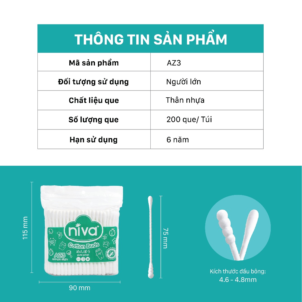 [COMBO 4] Tăm Bông Niva AZ3 Túi 200 Que Thân Nhựa Kháng Khuẩn Chuyên Dùng Vệ Sinh Tai, Trang Điểm