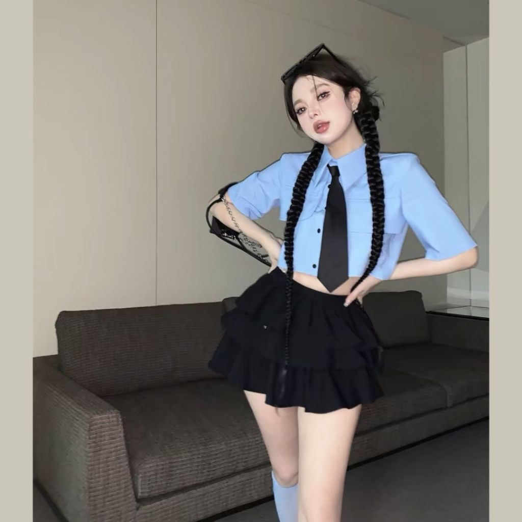 Áo sơ mi croptop nữ tay ngắn Sicily sơ mi bổ túi ngực kèm cà vạt SMBTN