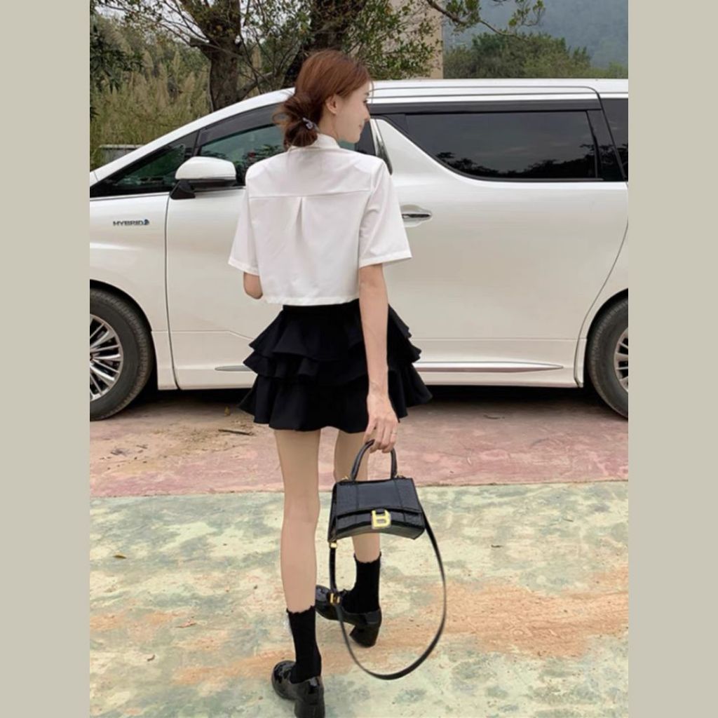 Áo sơ mi croptop nữ tay ngắn Sicily sơ mi bổ túi ngực kèm cà vạt SMBTN