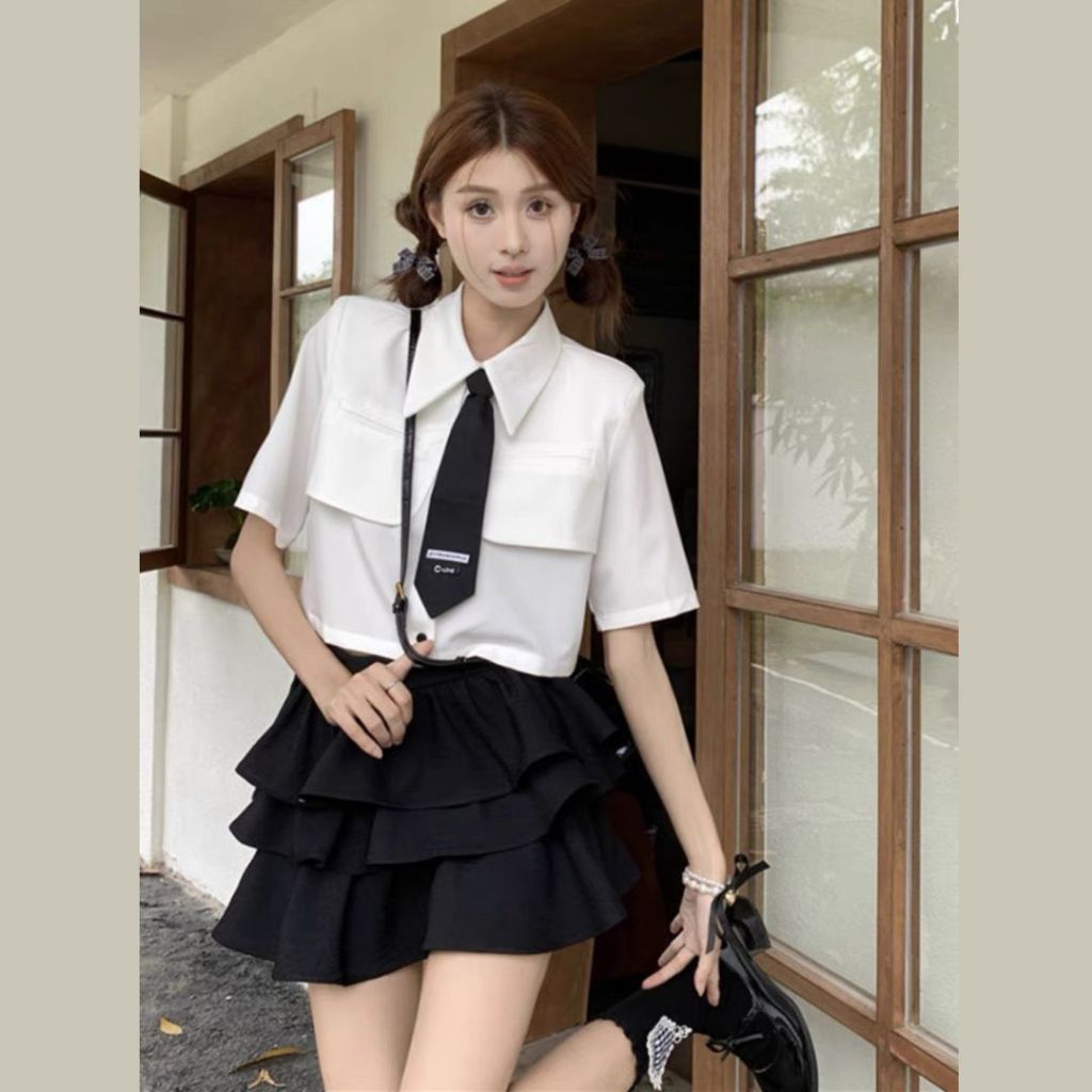 Áo sơ mi croptop nữ tay ngắn Sicily sơ mi bổ túi ngực kèm cà vạt SMBTN