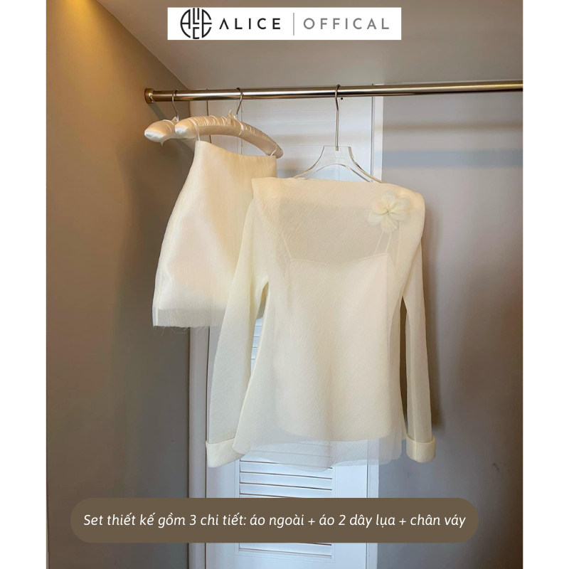 Set Áo Kiểu Nữ Kèm Chân Váy Thiết Kế Tiểu Thư ALICE Gồm 3 Món Chân Váy 2 Lớp, Cổ Thuyền Đính Hoa Kèm Áo Lụa 2 Dây S547