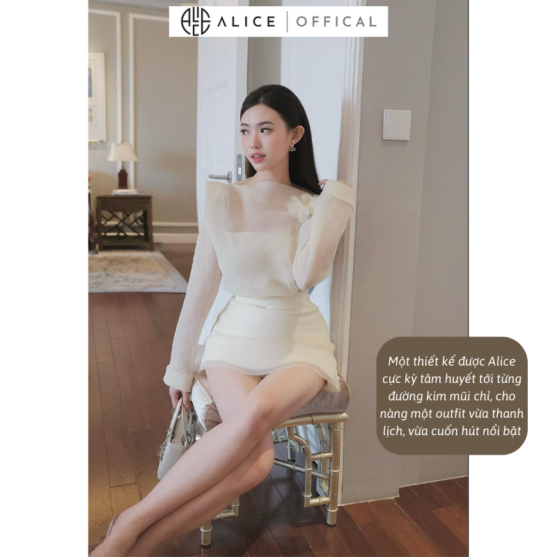Set Áo Kiểu Nữ Kèm Chân Váy Thiết Kế Tiểu Thư ALICE Gồm 3 Món Chân Váy 2 Lớp, Cổ Thuyền Đính Hoa Kèm Áo Lụa 2 Dây S547