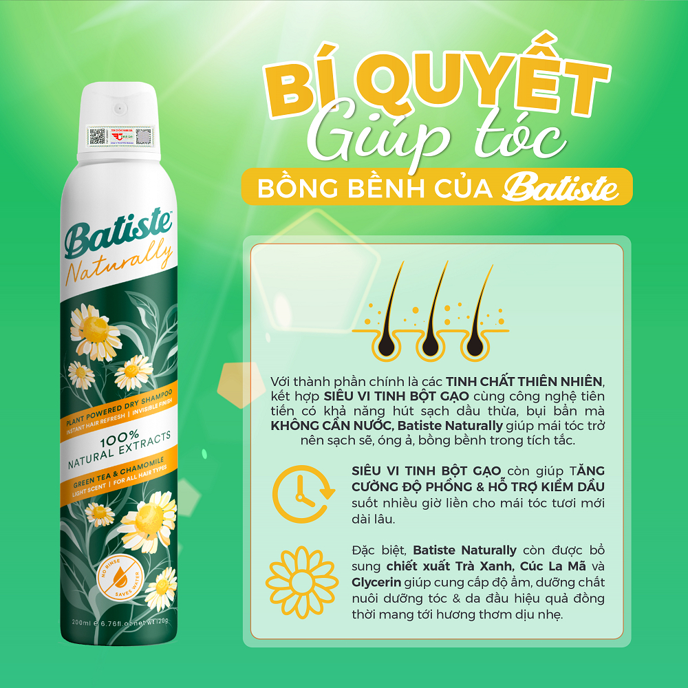 Ảnh 2 Chai Dầu Gội Khô Batiste 100% Naturally Tinh Chất Thiên Nhiên Giúp Tóc Hết Bết Dính, Tươi Mới 200ml 4