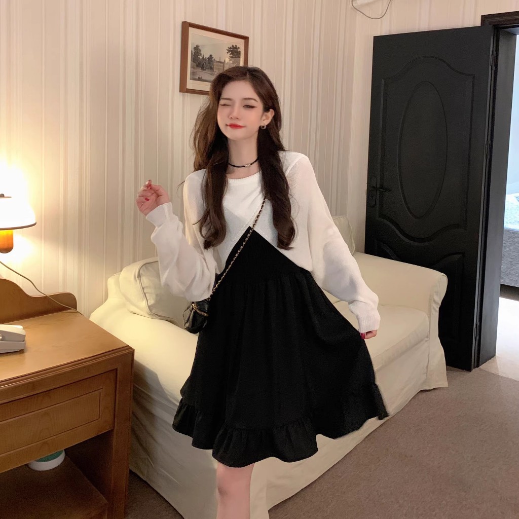 Set váy nữ - Váy 2 dây kèm áo cardigan croptop Chất vải lụa thích hợp ...