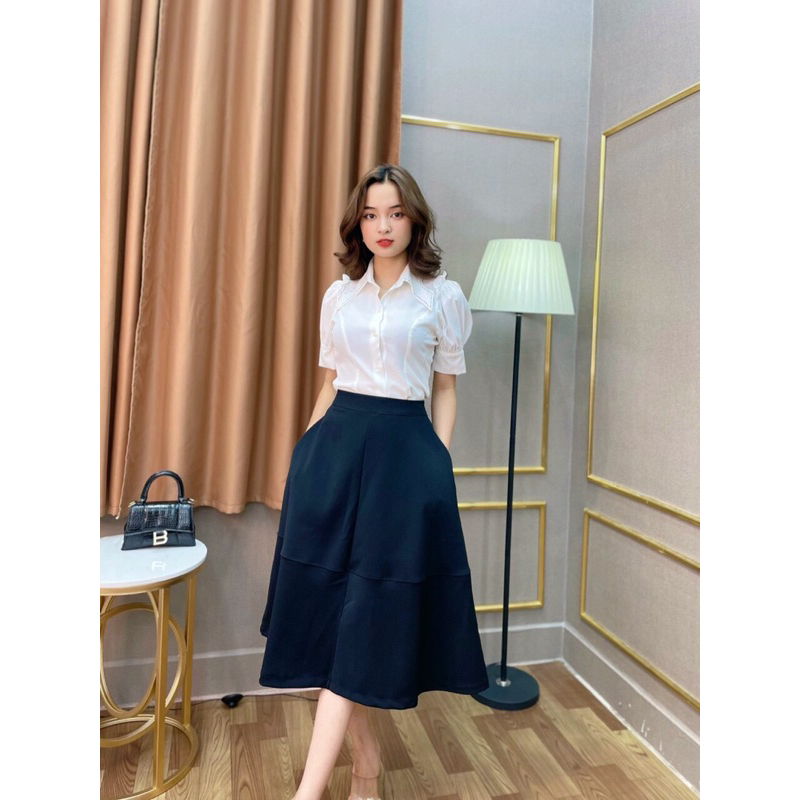 Ảnh Chân váy xoè công sở SEFA 2 túi dáng dài basic màu đen và be có bigsize đến 65kg 3