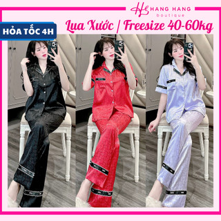 Đồ ngủ nữ 40-60kg, pijama dài cộc tay ngắn viền đáp lụa xước mềm mát 60CD13, đồ bộ nữ đồ mặc nhà trơn sang chảnh