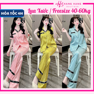 Đồ ngủ nữ 40-60kg, pijama dài cộc tay ngắn viền đáp lụa xước mềm mát 60CD13, đồ bộ nữ đồ mặc nhà trơn sang chảnh