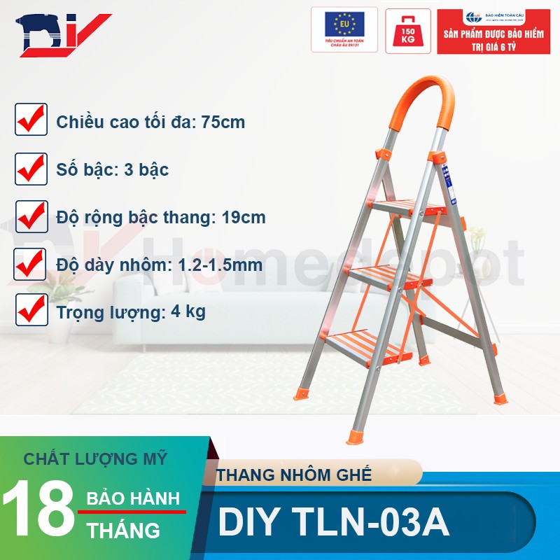 Thang nhôm ghế 3 bậc DIY TLN-03A bản bậc rộng, chiều cao sử dụng 75cm