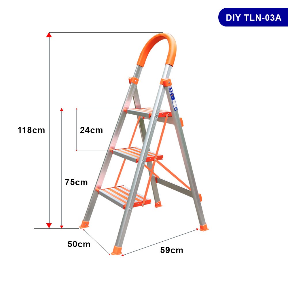 Thang nhôm ghế 3 bậc DIY TLN-03A bản bậc rộng, chiều cao sử dụng 75cm